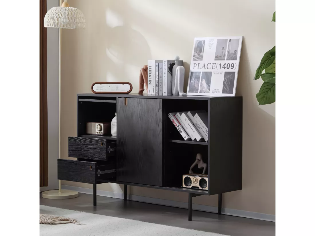 Buffet moderne avec 2 tiroirs et 3 portes - 120 x 35 x 78 cm - Panneau de particules et métal - Noir