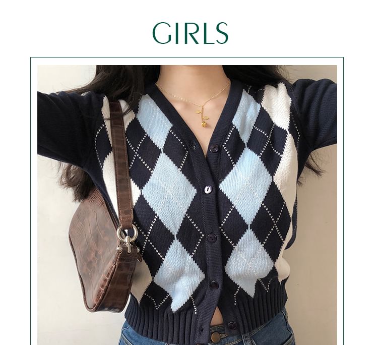 Sinora - V-hals Argyle Cropped Cardigan