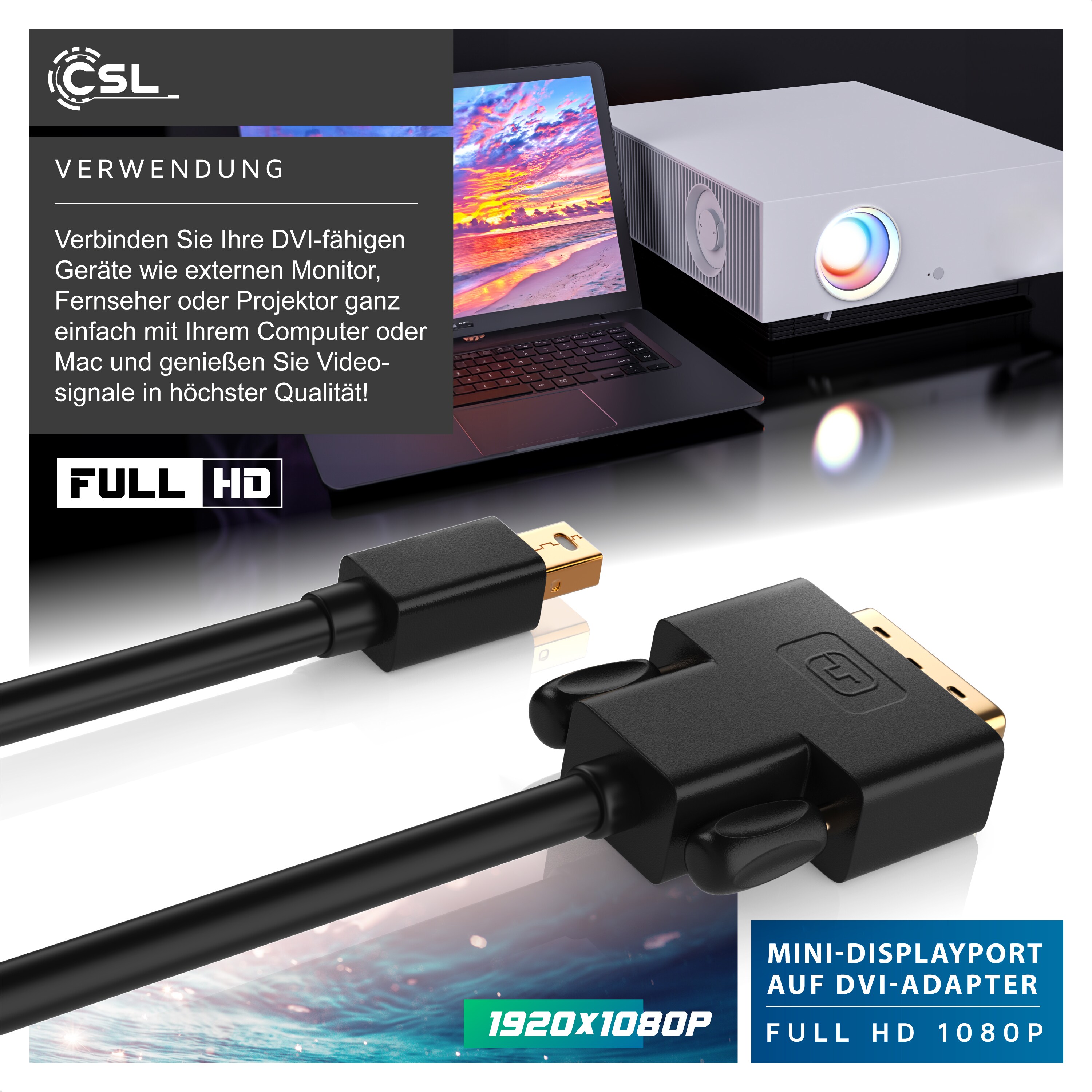 CSL Mini DisplayPort zu DVI Video-Kabel, miniDP Monitor Adapter Kabel, für Apple, PC's & Notebooks - 2m
