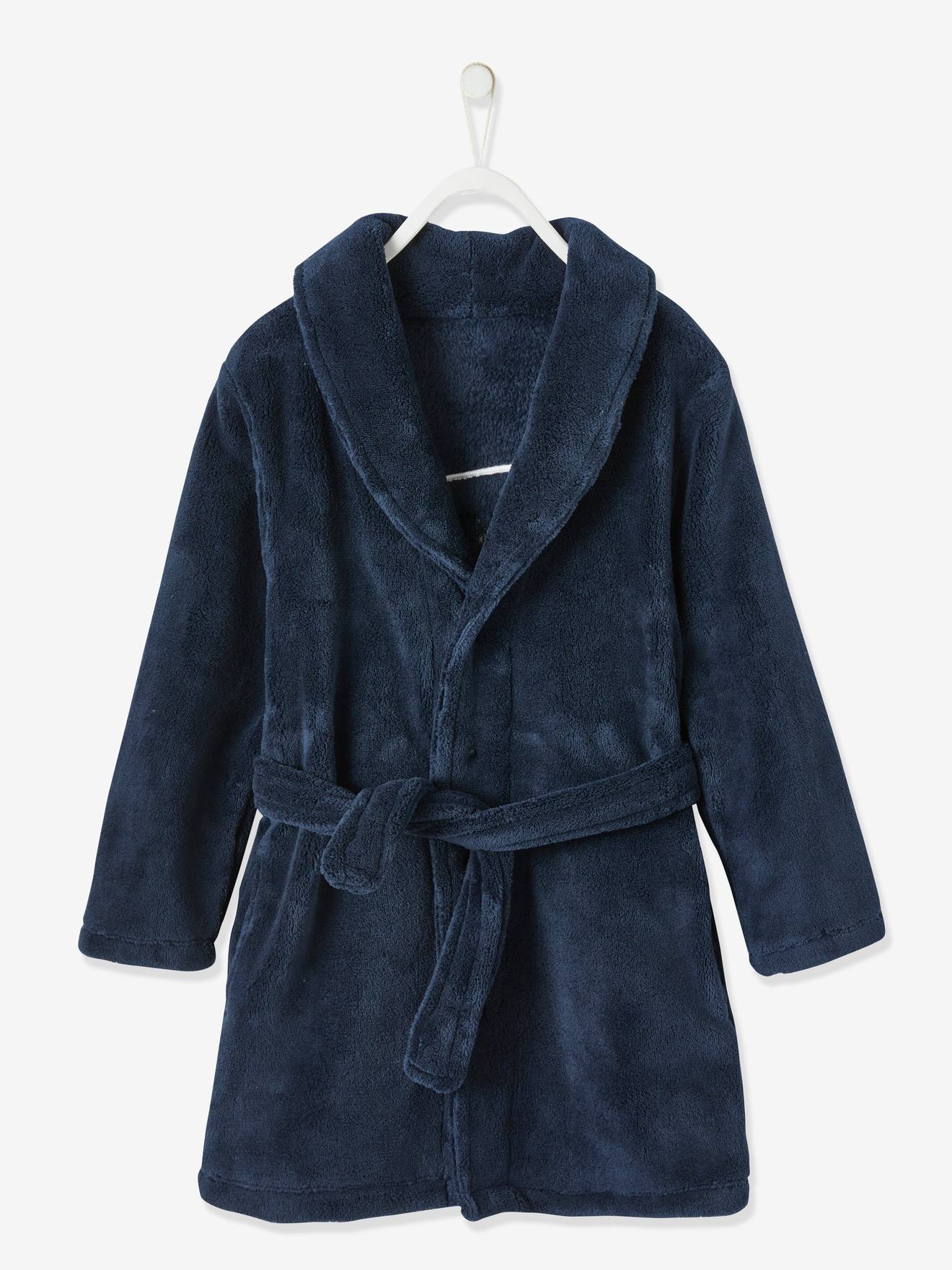 Robe lisa de malha de lã azul-escura com padrões