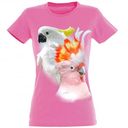 Camiseta feminina com estampa de cacatuas rosa