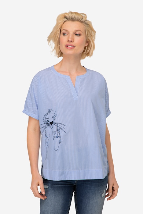 Streifenbluse, oversized, Robben Print, Halbarm