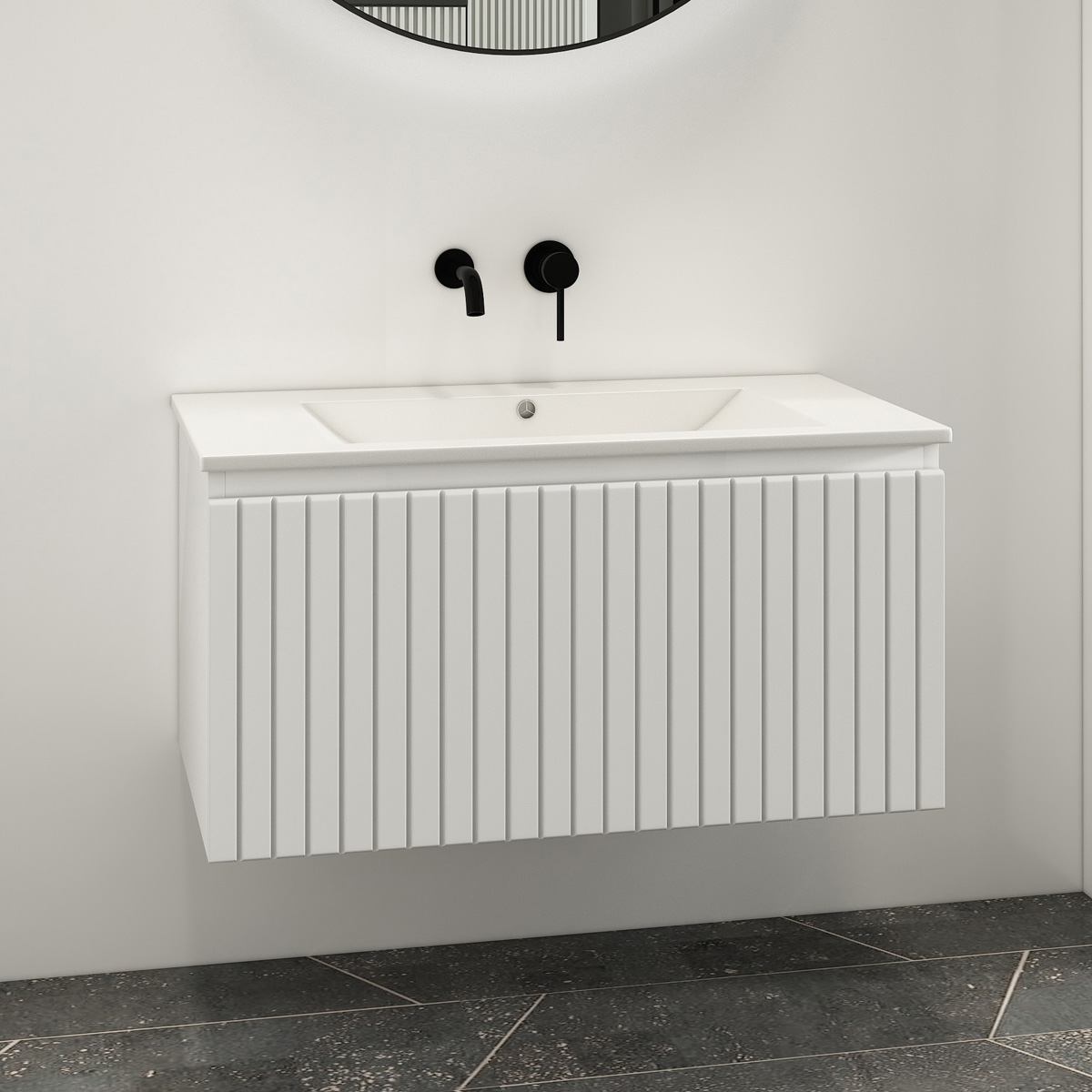 Fontana Lento wit badkamermeubel ribbelfront met witte wastafel 80cm zonder kraangat