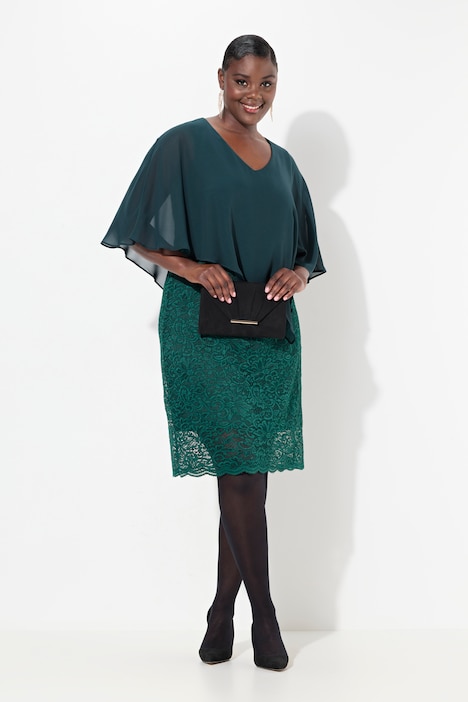 Abendkleid, Chiffon-Cape, Jersey, Spitzensaum, 3/4-Arm