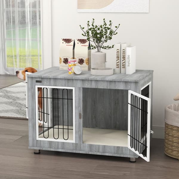 Hundebur, Hundehus, Med Pute, 2 Låser For Mellomstore Hunder, Hundebur Med Doble Dører, Hundehus, Grå, 90 X 58 X 65 Cm