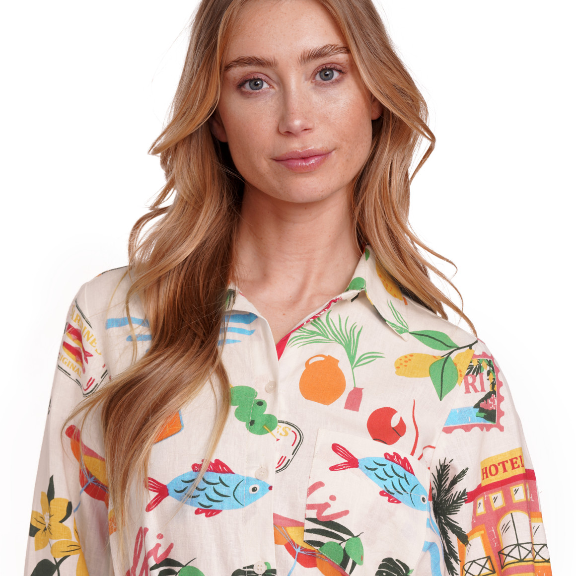 Jonas Nielsen Damen Leinen-Hemdkleid mit Urlaubs-Allover creme / bunt