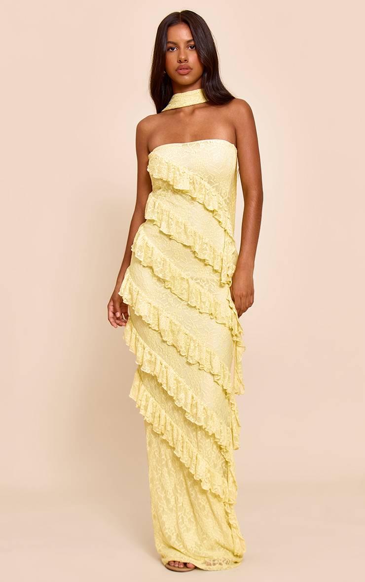 Citron Robe Maxi En Dentelle À Volants Avec Détail Foulard Petite