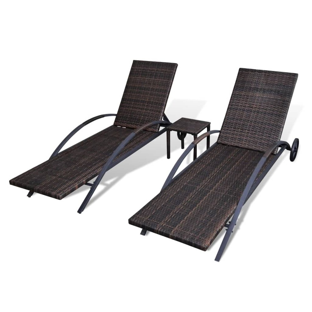 Lot de deux chaises longues transat 200 cm avec table résine tressée marron