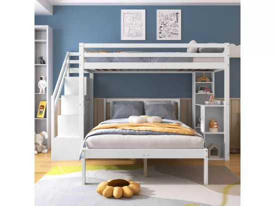 Lit superposé 90x200 cm + 120x200 cm - avec escalier de rangement et étagères de rangement - Pin et MDF - Blanc