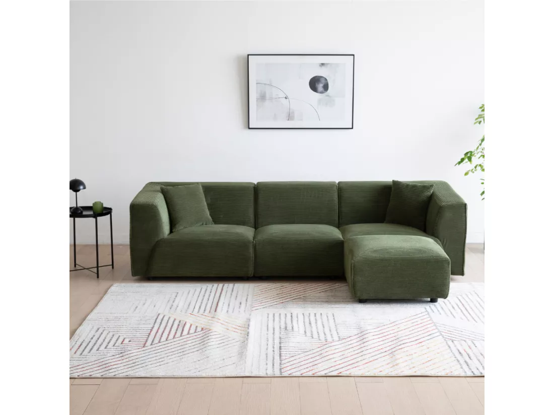 Canapé modulable 4 places: canapé droit 3 places + 1 pouf en velours côtelé vert Monroe