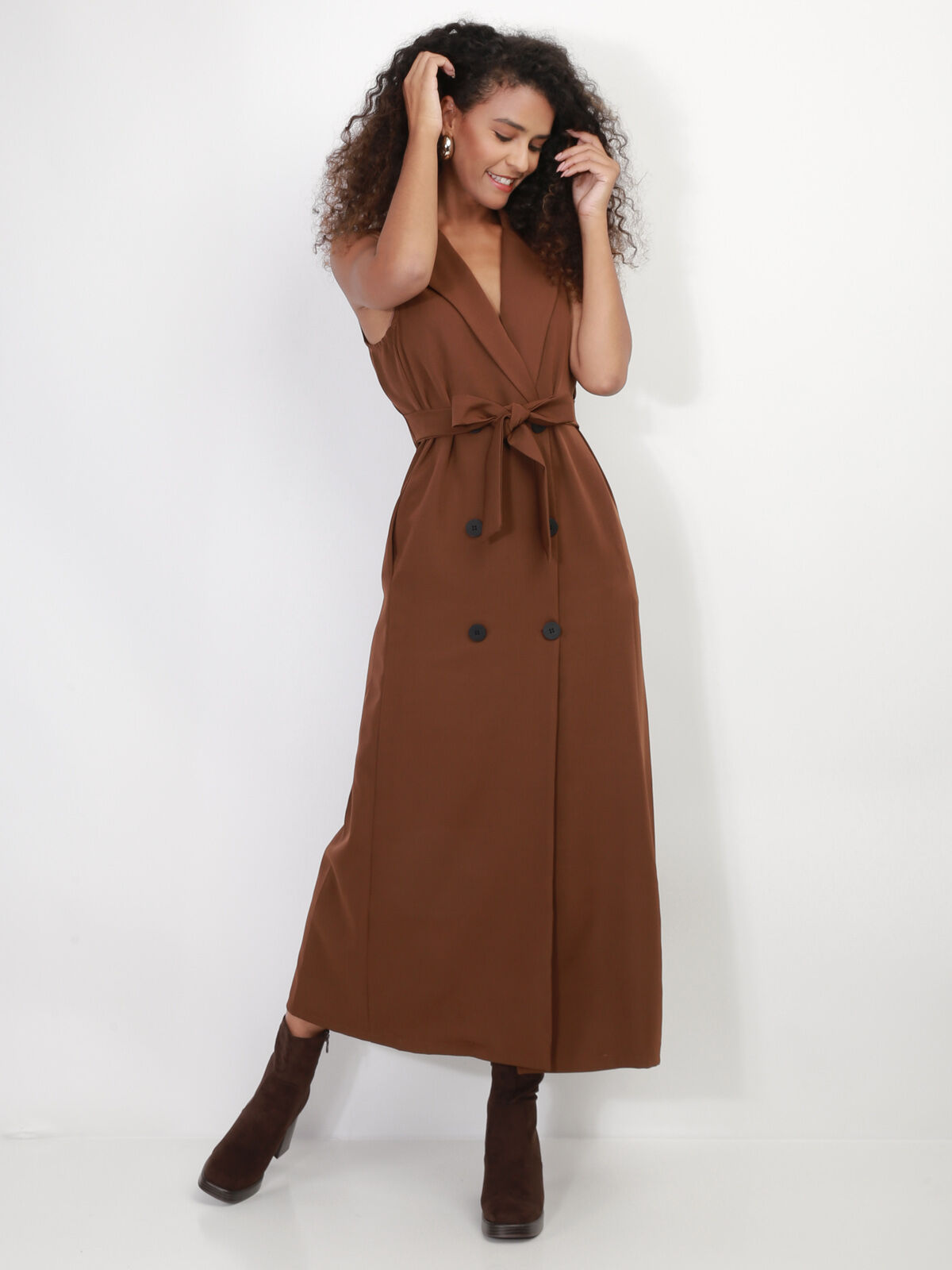 Robe longue style blazer à nouer- Marron