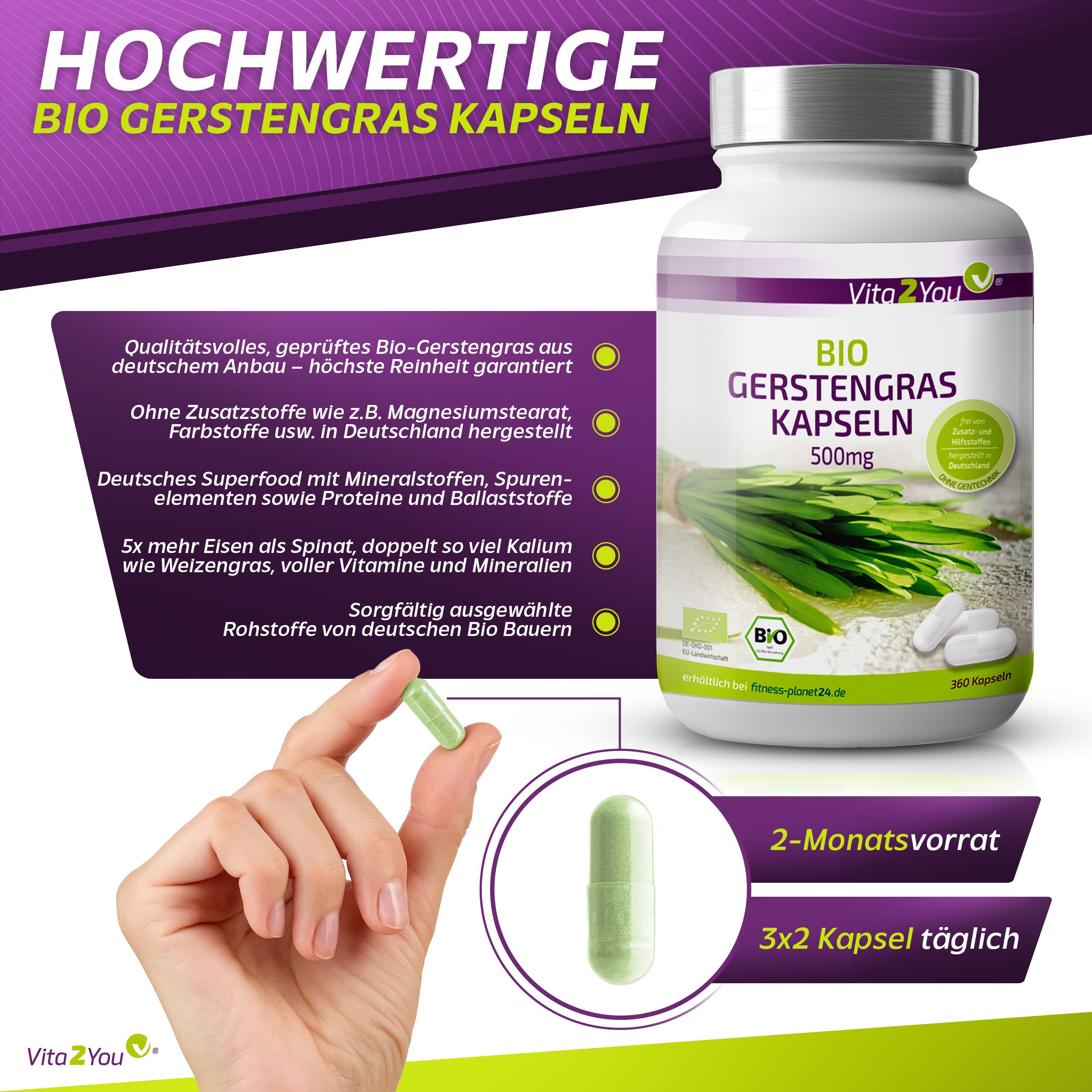 Vita2You Bio Gerstengras Kapseln 500mg