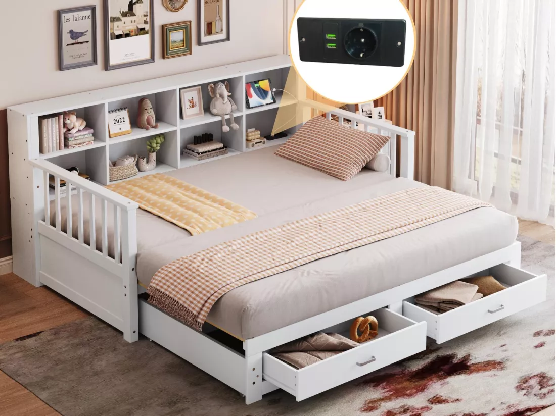 Canapé-lit gigogne en bois massif 90/180x190 cm - avec prise de charge - avec rangement - avec 2 tiroirs - sommier à lattes - blanc (matelas non inclus)