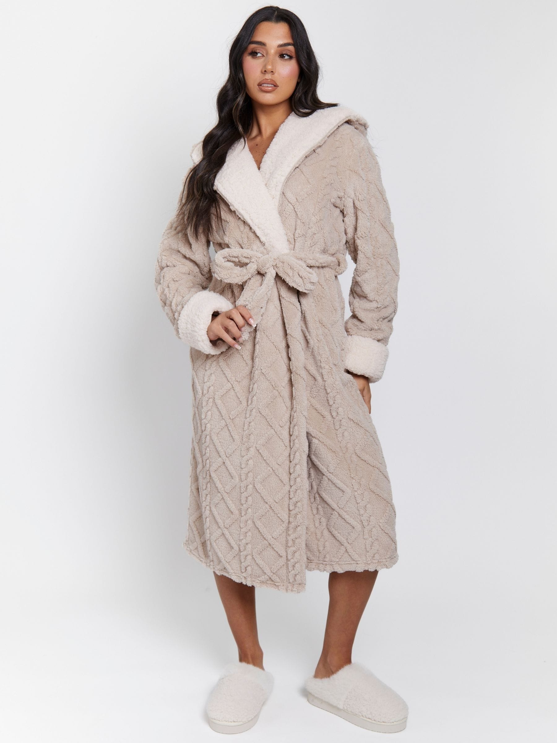 Loungeable Cable Cutwork Hooded Midi Dressing Gown