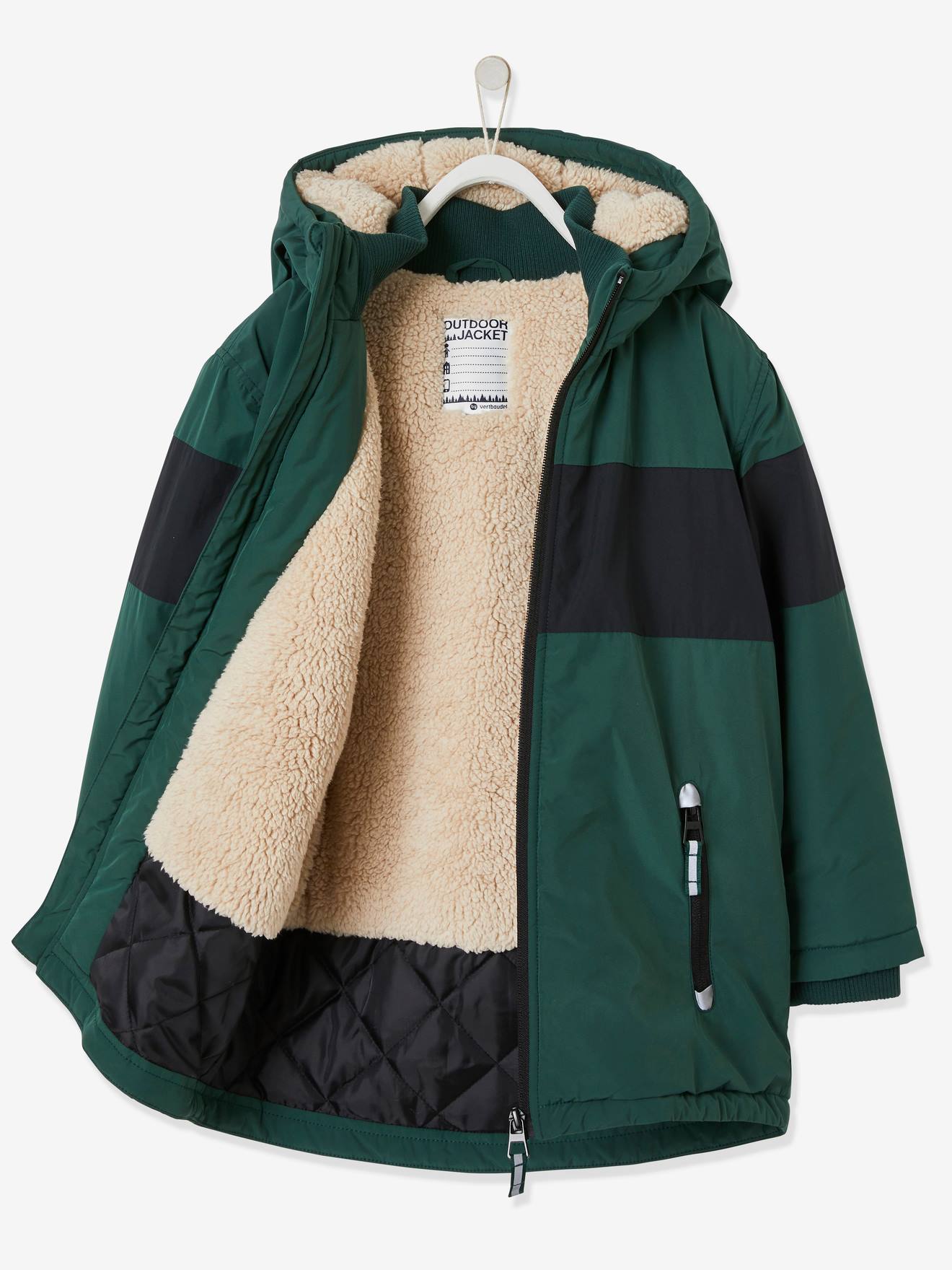 Parka comprida com capuz, colorblock, verde médio, lisa com motivos, para meninos.