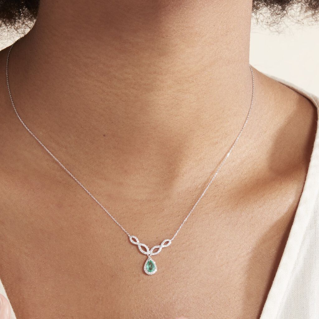 Collier Sissi Or Blanc Diamant Et Emeraude