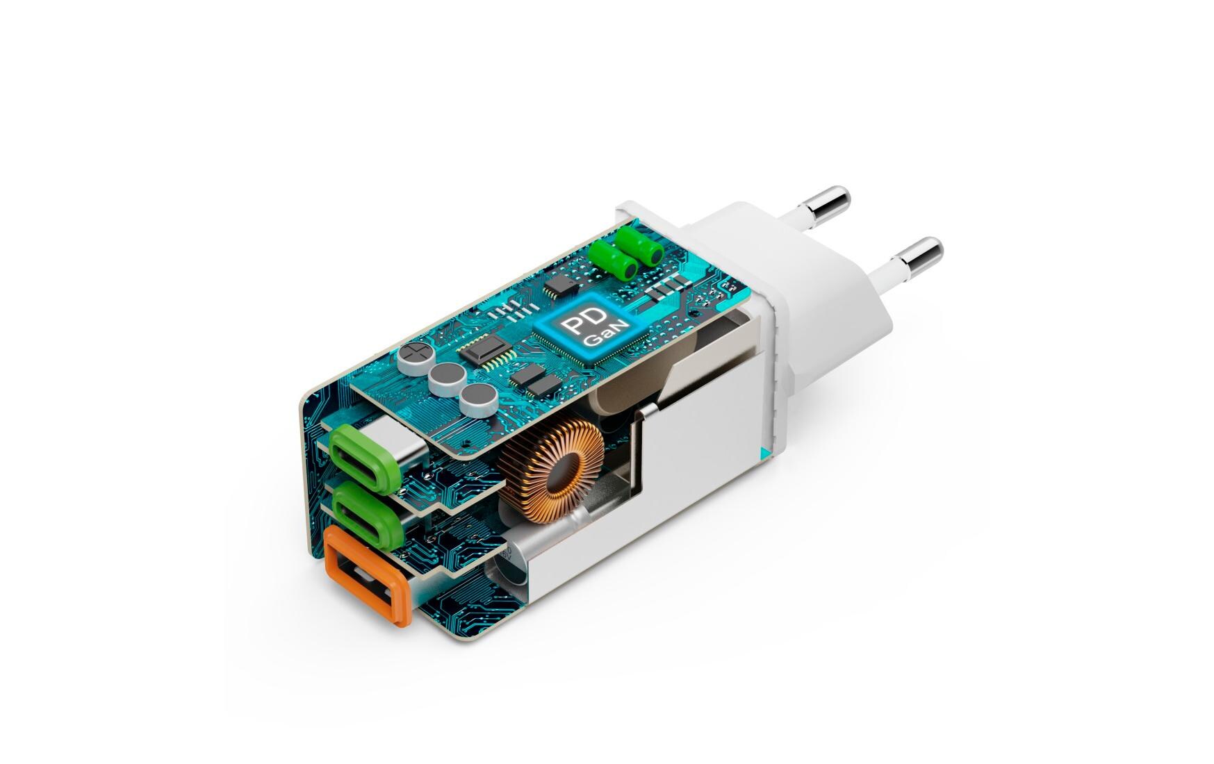 USB-Wandladegerät Gan charger 2x USB-A USB-C 65 W WeissSchnellladegerät mit 1x USB-C und 2x USB-A