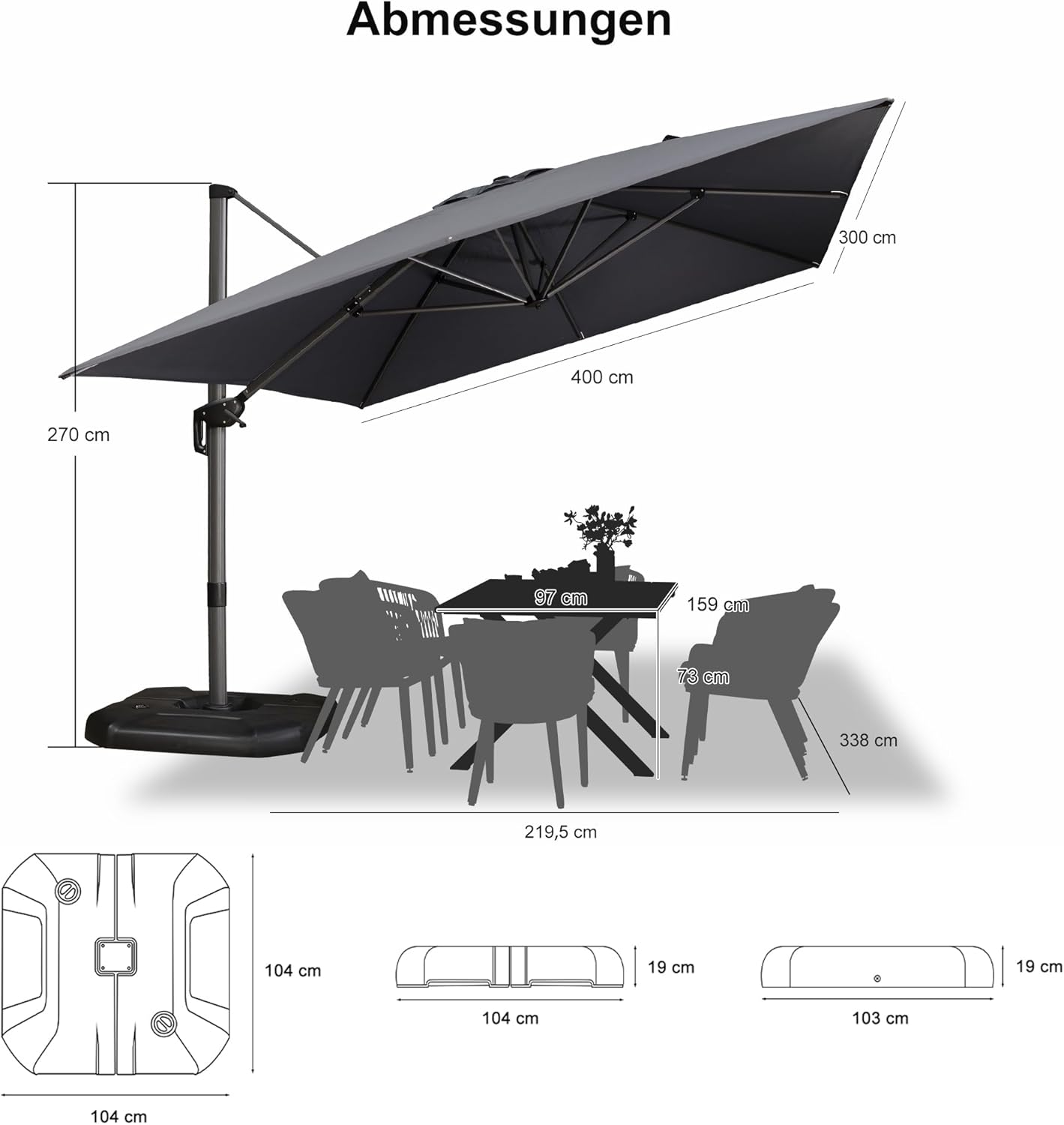 PURPLE LEAF Sonnenschirm groß mit Schirmständer, Aluminium Ampelschirm 400 x 300 cm, 360°Rotation, Terrassenschirm mit Kurbel, UV-beständig, Gartenschirm für Balkon & Terrasse, Grau