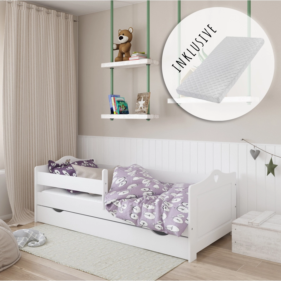 Kids Collective Kinderbett 80x160 | 80x180 | 90x200 mit Rausfallschutz, Schublade, Lattenrost weiß mit Matratze