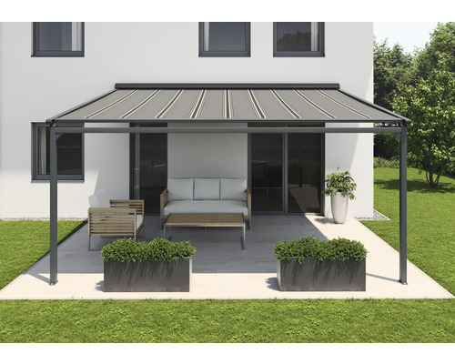 SOLUNA Pergola met stoffen dak 4x3, stoffen dessin A131, frame RAL 7016 antracietgrijs, aandrijving links inclusief motor, wandschakelaar (wandmontage)