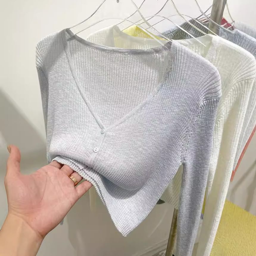 Happo - V-hals effen doorschijnend cropped vest met knoopjes