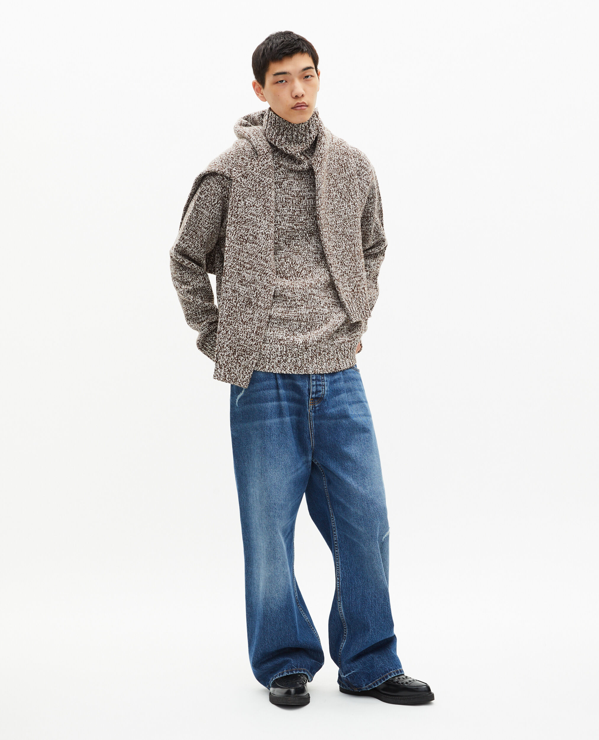 Pull col roulé mouliné beige et blanc