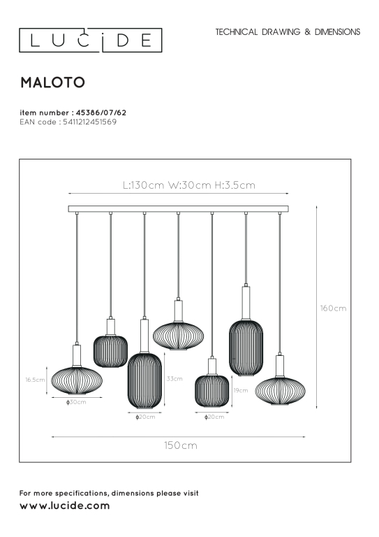 Lucide Maloto 7 cluster hanglamp amber