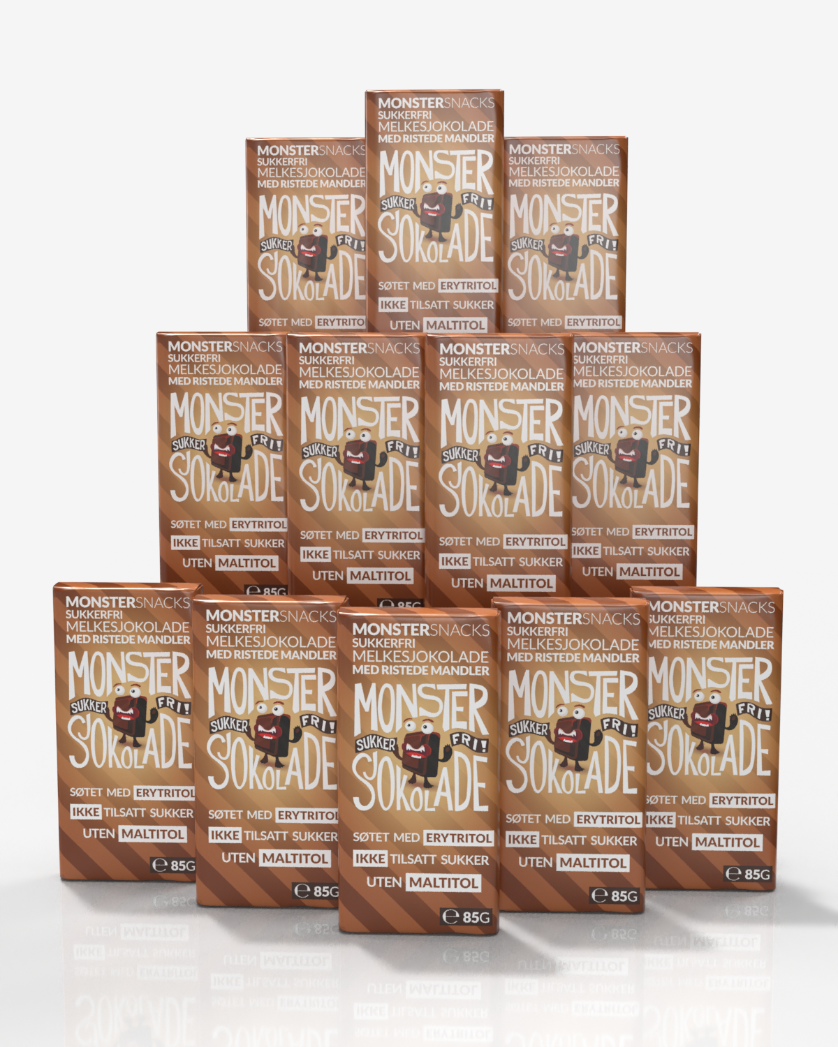 Monster Belgisk Melkesjokolade m\ Ristede Mandler 12x85g - TOLVPAKNING! - uten tilsatt sukker