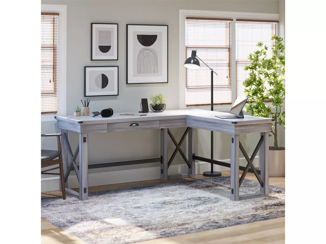 Bureau forme L avec plateau relevable en MDF blanc rustique