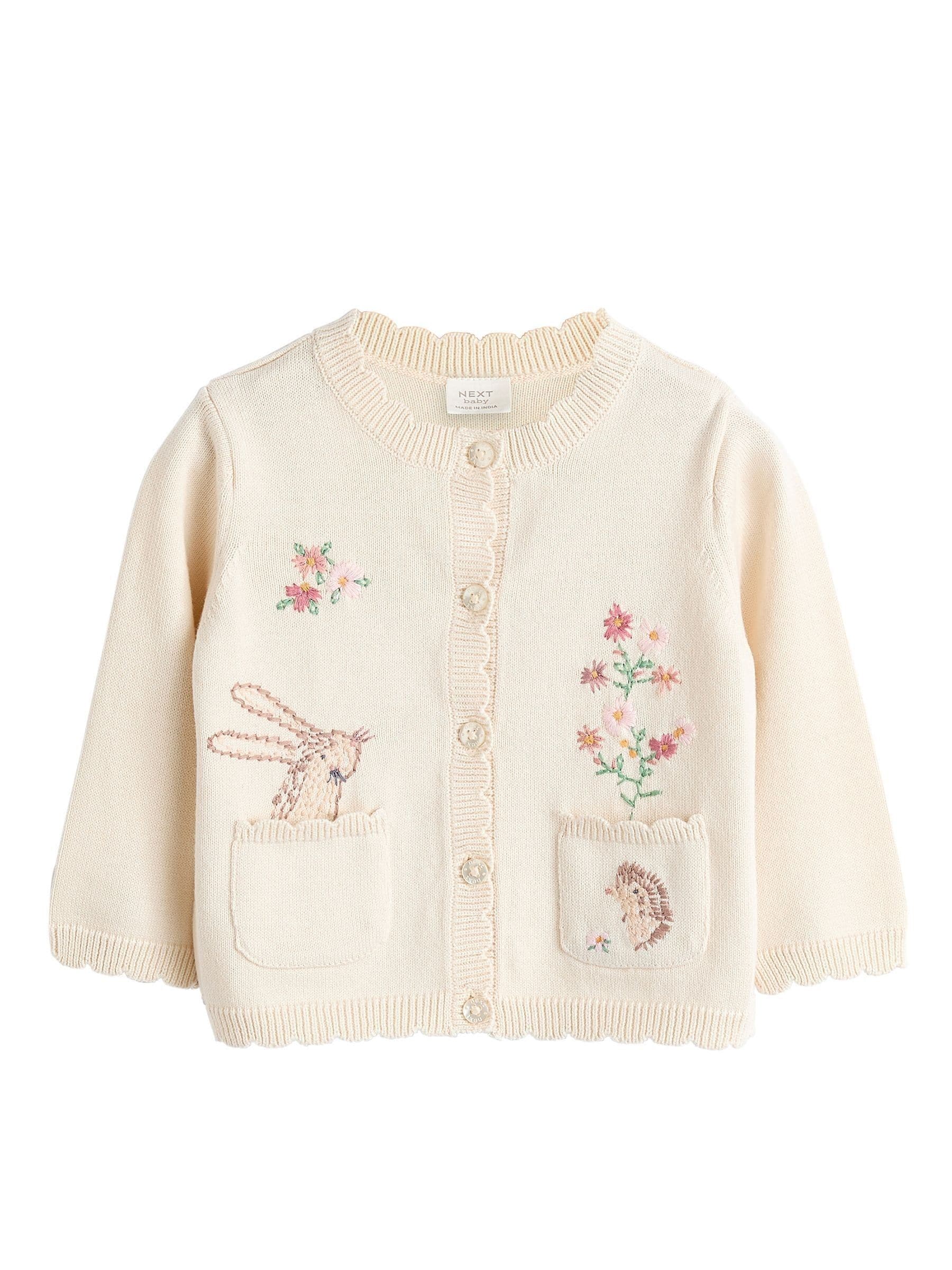 Crèmekleurig met konijn - 100% katoenen Pointelle gebreid Baby vest met bloemenpatroon (0mnd -3jr)