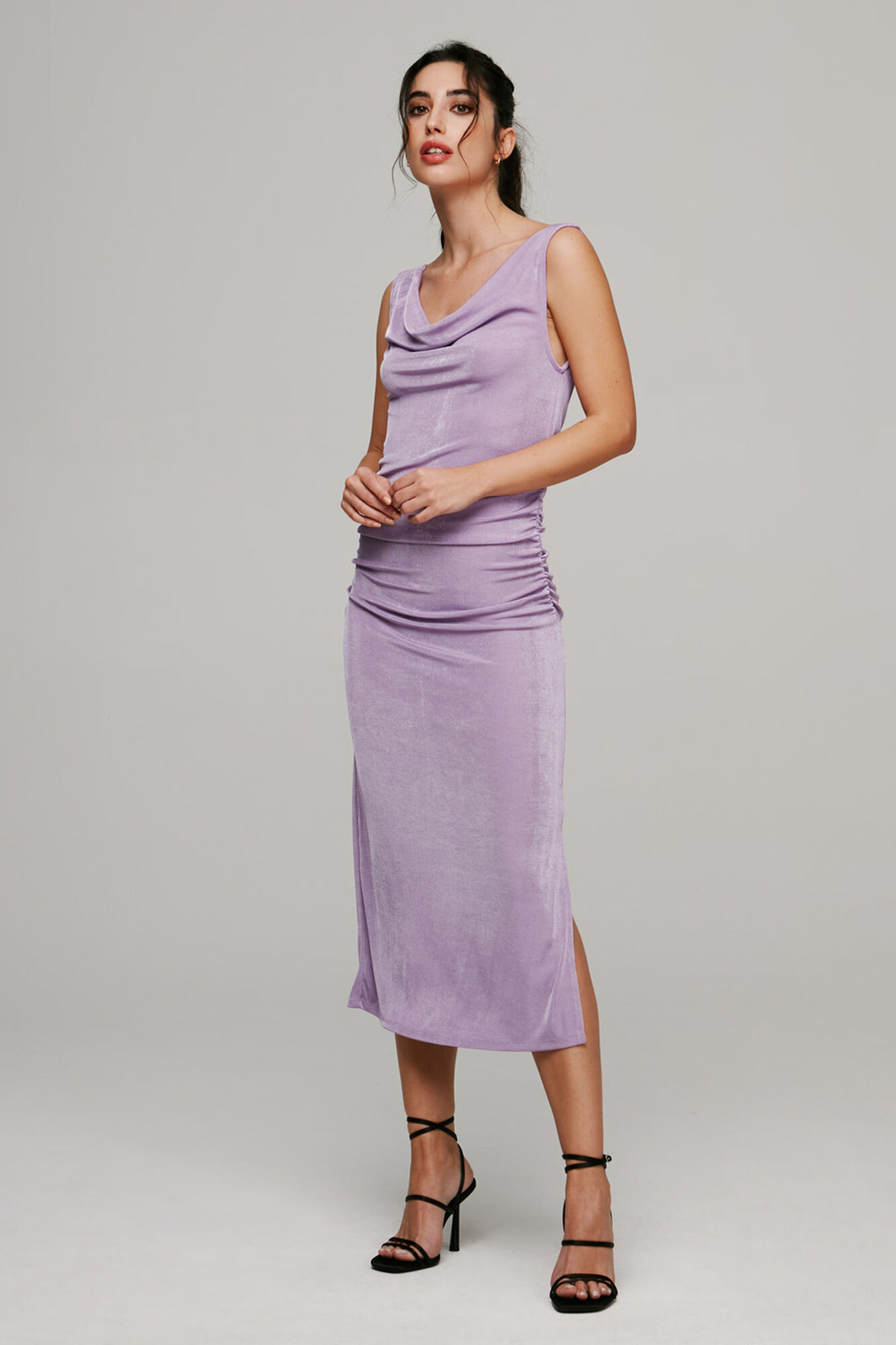 Vestido midi drapeado sem mangas - Roxo