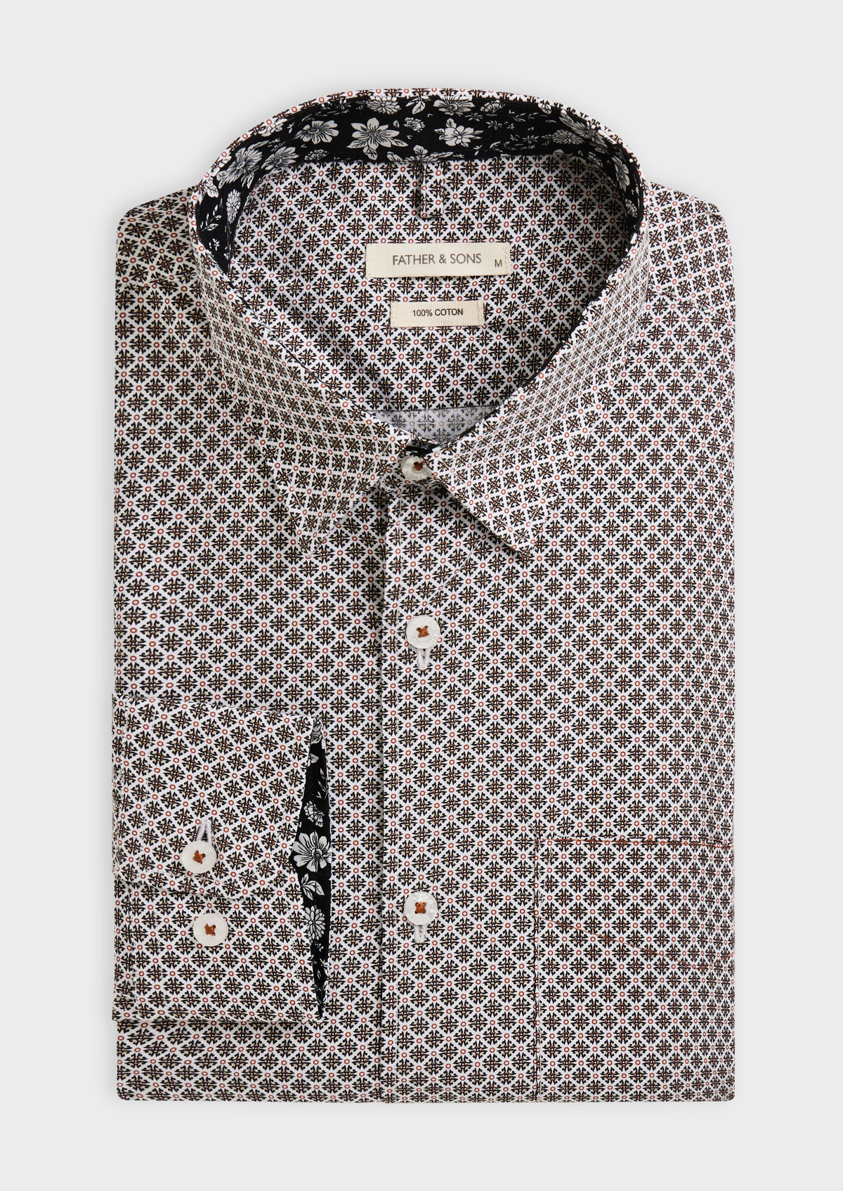 Chemise sport Slim en popeline de coton blanc à motif fantaisie noir et marron