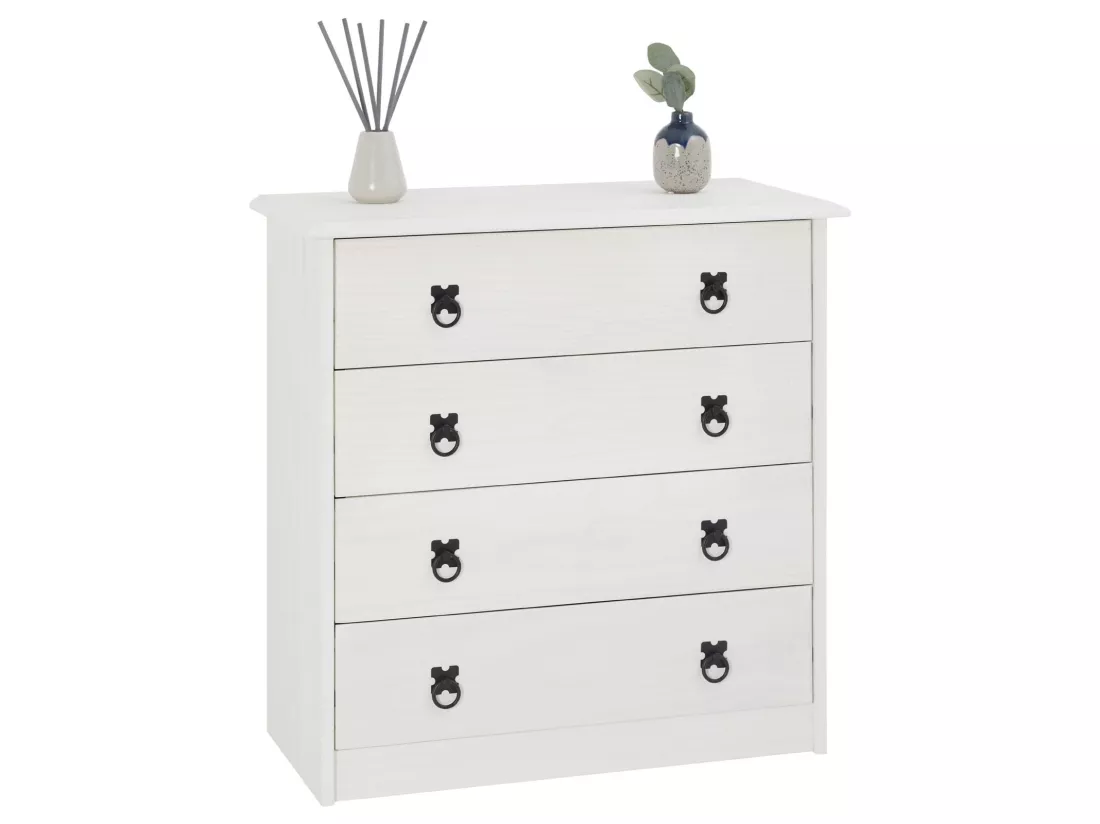 Commode en pin RESIDENCIA 4 grands tiroirs buffet bahut vaisselier en bois style mexicain, lasuré blanc