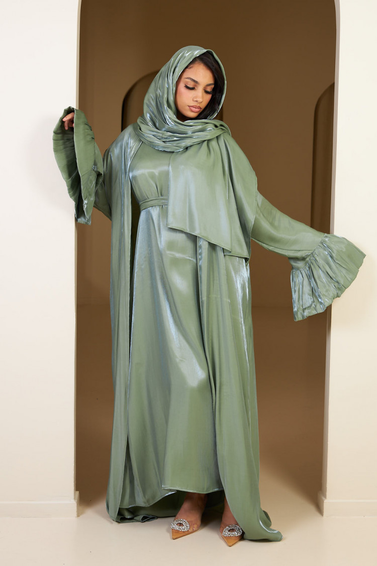 Ensemble 3 pièces abaya + gilet + voile satinée et pailletée vert