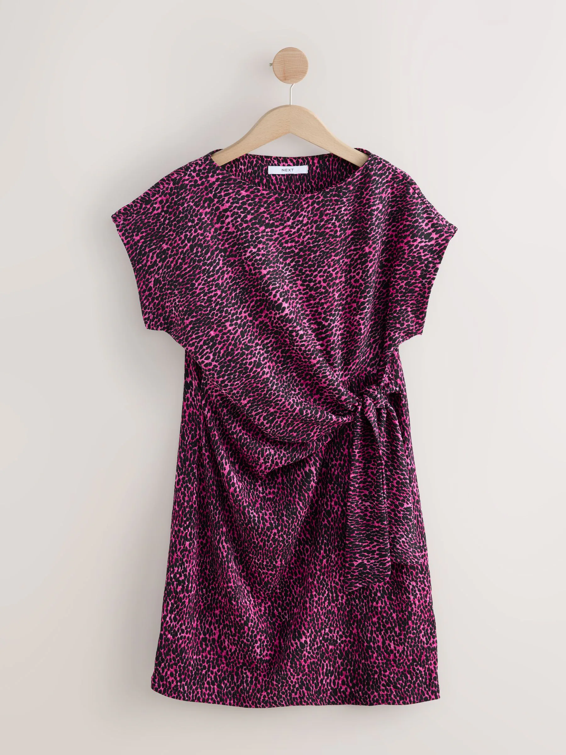 Roze met luipaardprint - Mini-jurk met textuur, gedrapeerde strik aan de voorkant