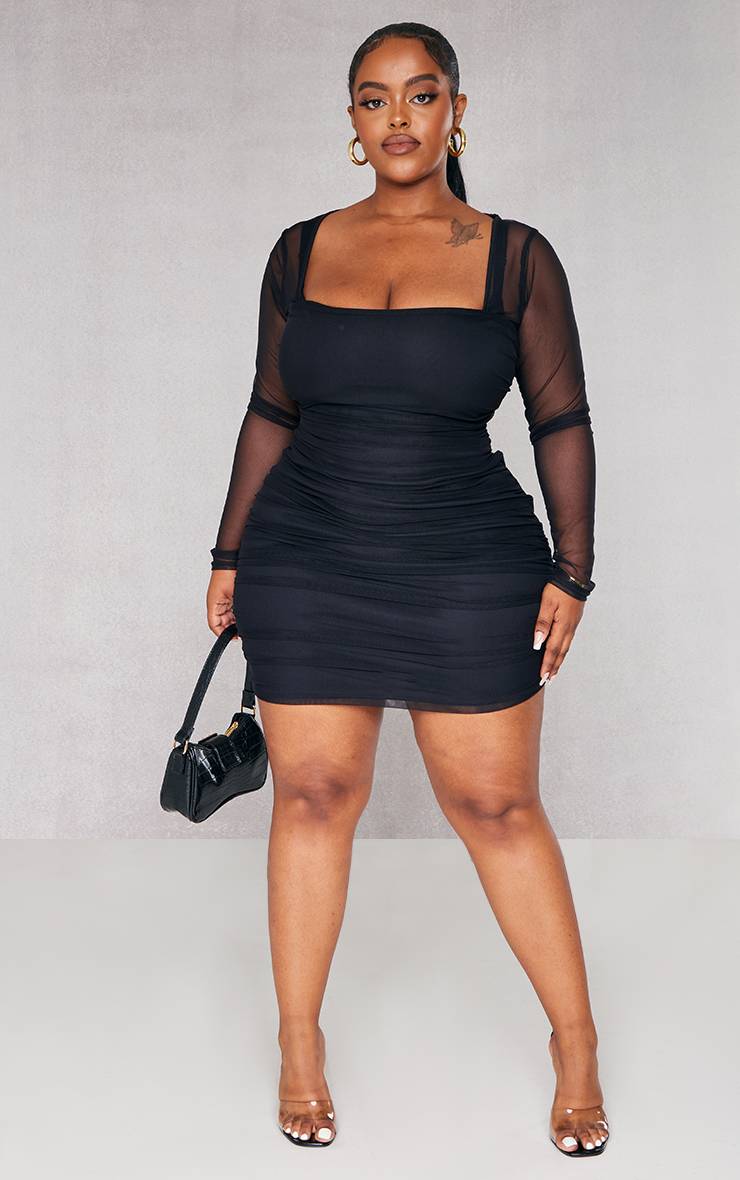 Noir Robe Moulante Grande Taille À Encolure Carrée En Résille Froncée