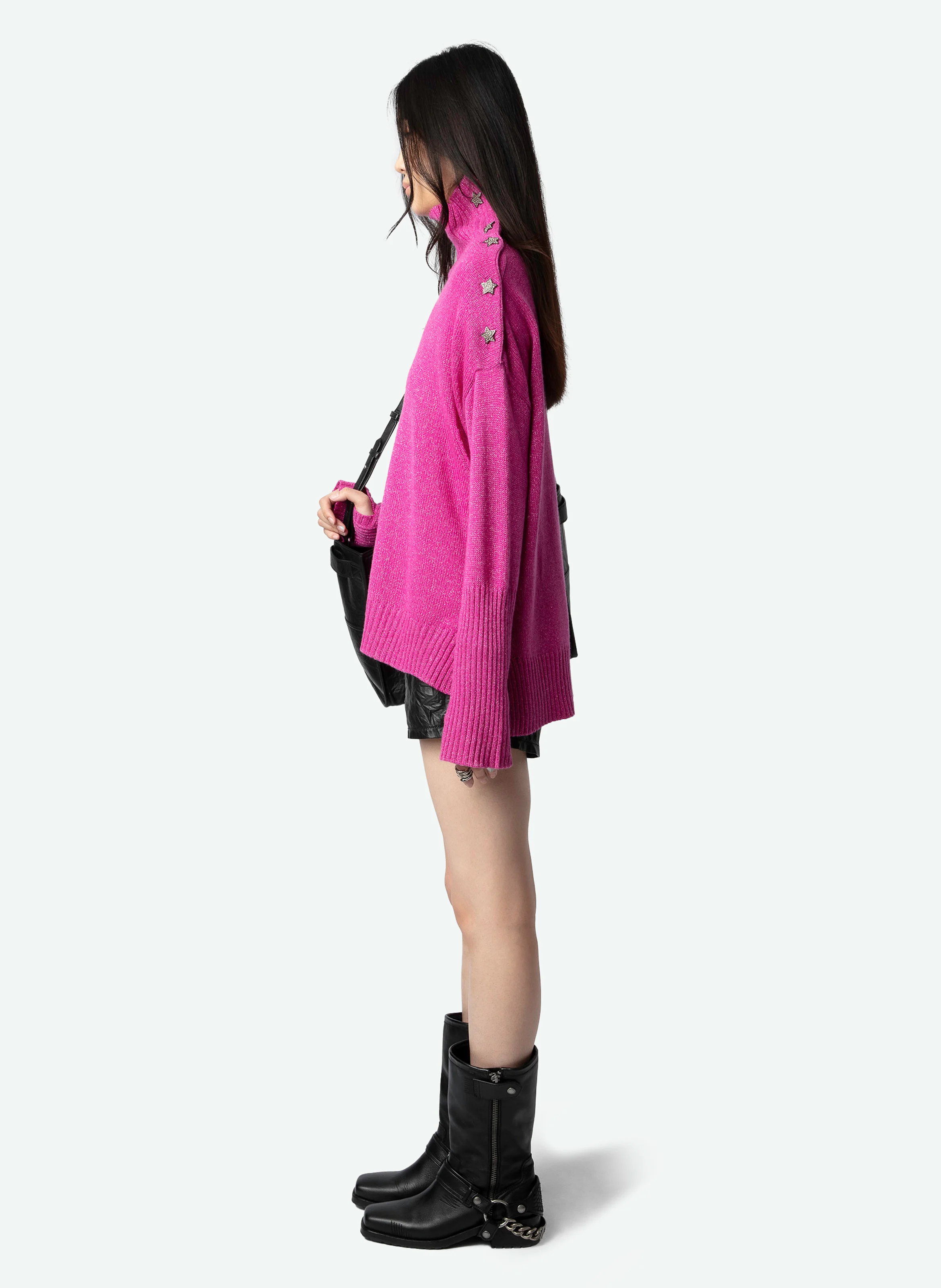 ALMA - Pull droit col montant en cachemire mélangé | Rose