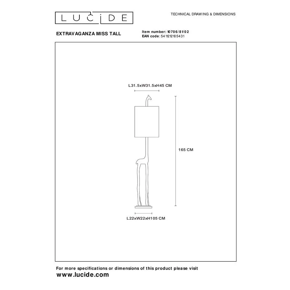 Lucide EXTRAVAGANZA MISS TALL Vloerlamp - Mat Goud / Messing