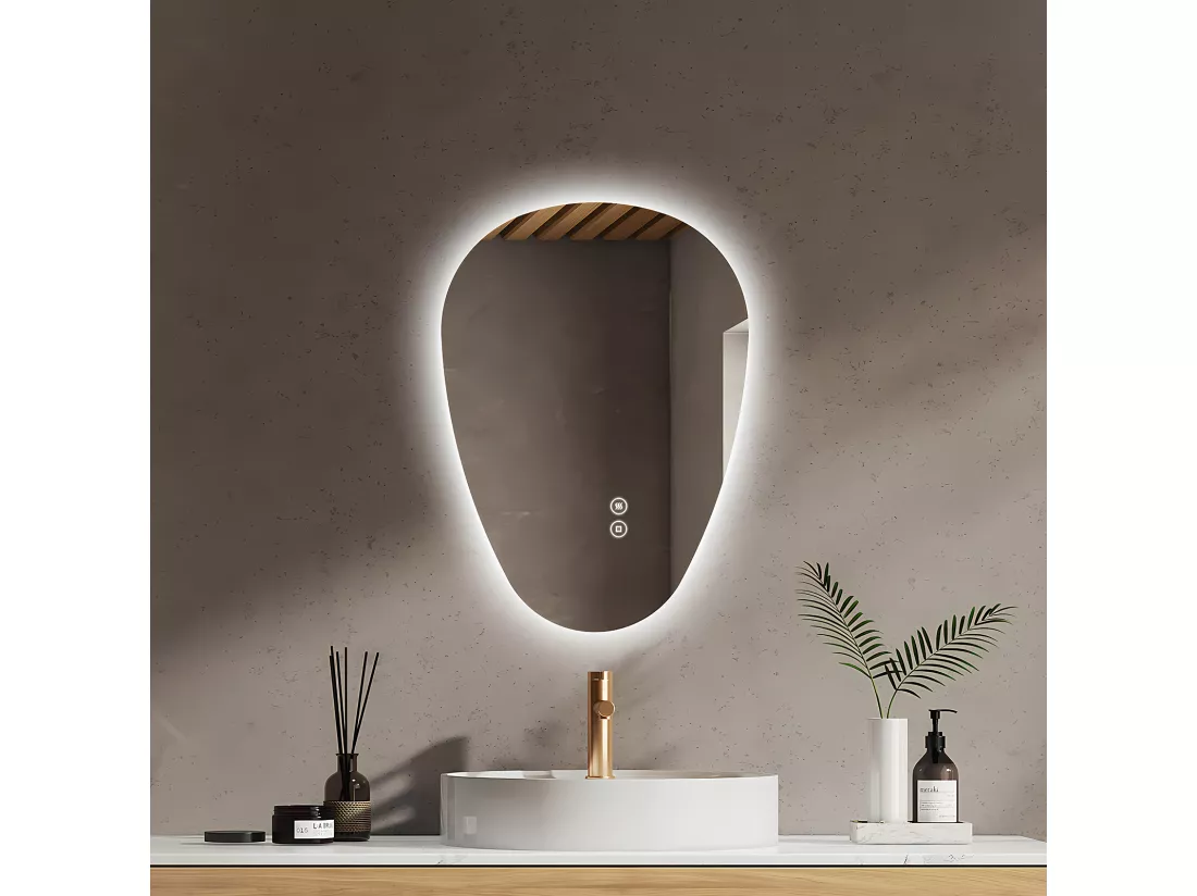 EMKE Miroir Salle de Bain avec Éclairage, 60 x 45 cm, Miroir LED Asymétrique, Interrupteur Tactile, 3 Couleurs de Lumière Réglables, Miroir Anti-Buée