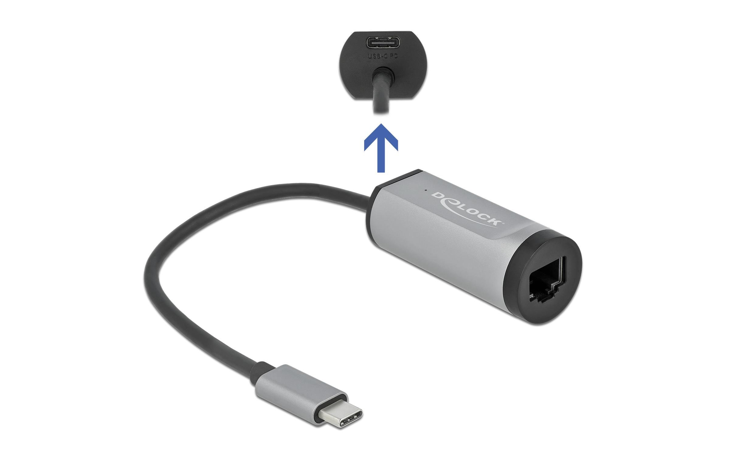 Netzwerk-Adapter Gigabit LAN mit Power Delivery USB Typ-CDelock USB Type-C Adapter zu Gigabit LAN mit Power Delivery Anschluss grau