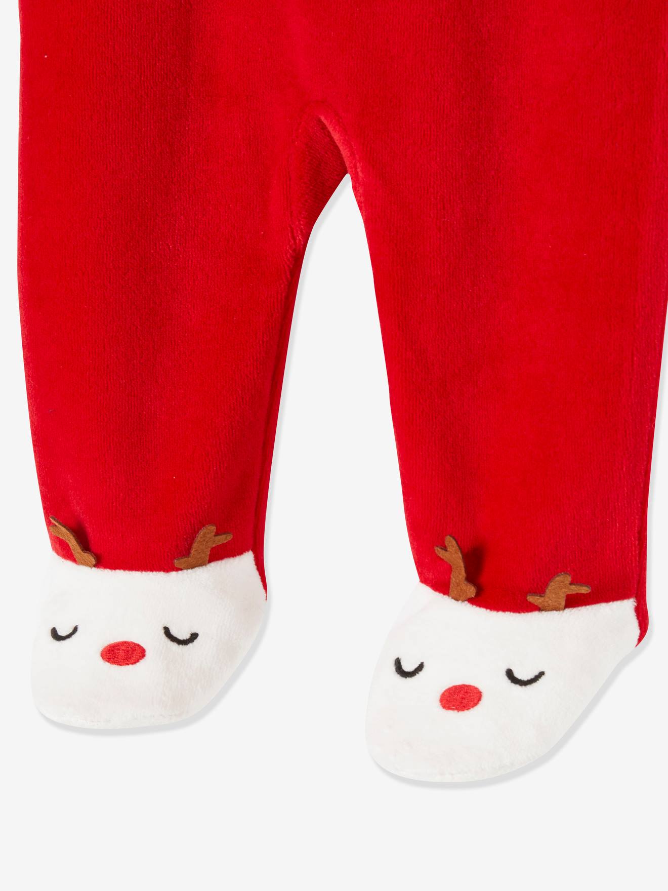 Conjunto de presente de Natal para bebê, composto por body e gorro, na cor vermelho escuro liso com estampas.