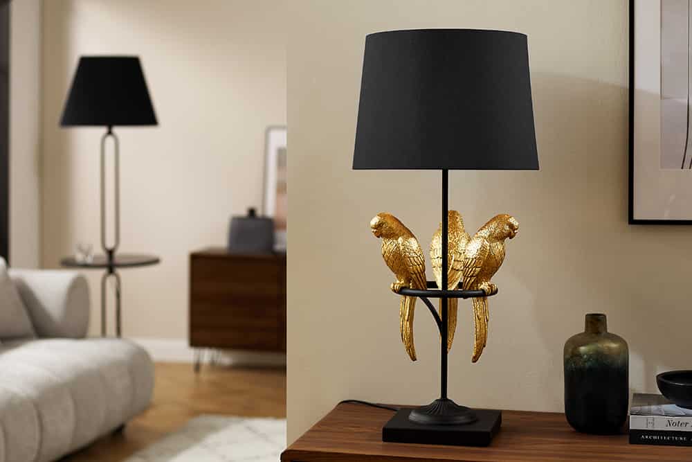 Design Tischlampe WILDLIFE 75cm schwarz gold rund Papagei Skulpturen mit Marmor-Fuß