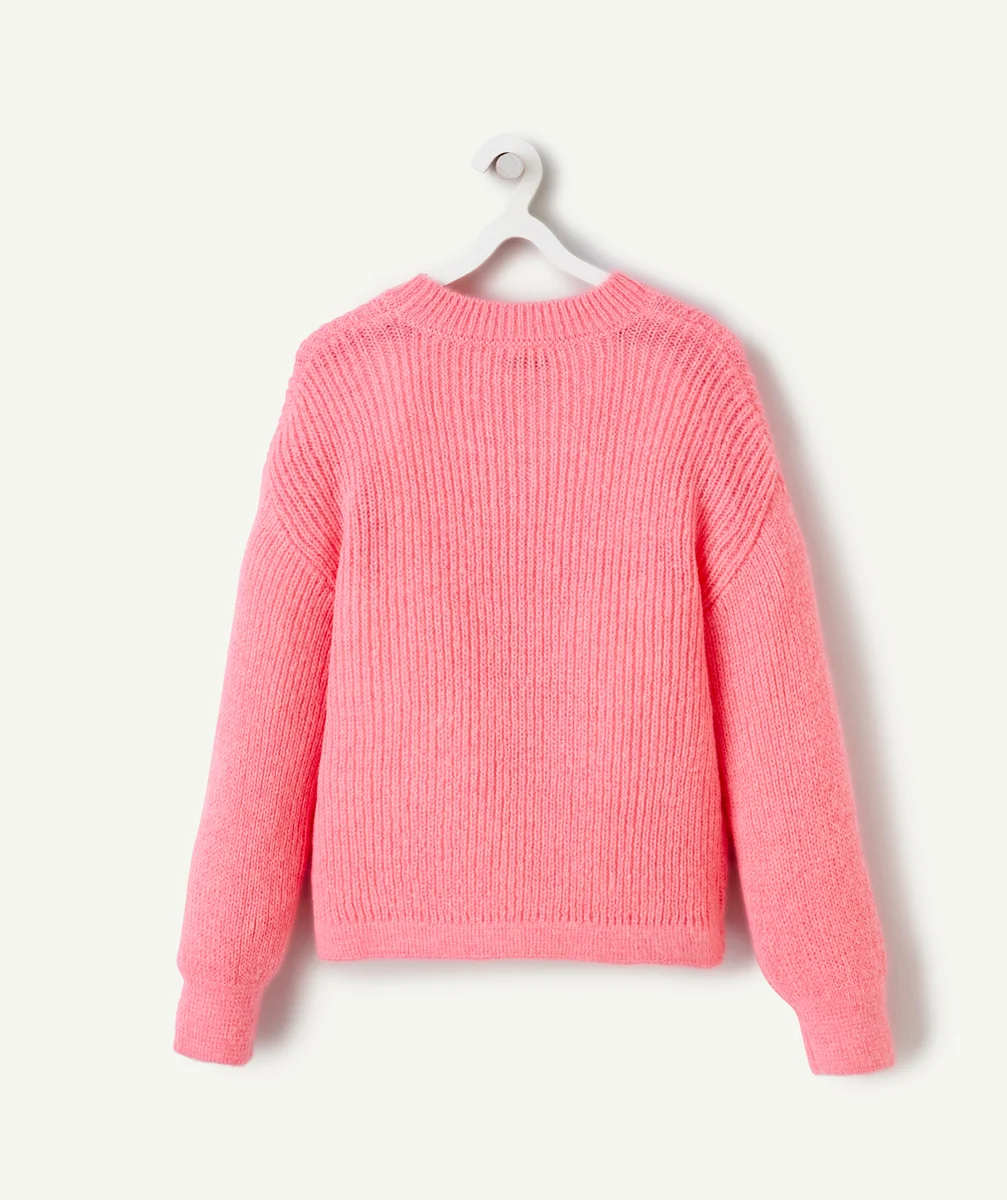 PULL LARGE FILLE EN TRICOT ROSE À MANCHES LONGUES