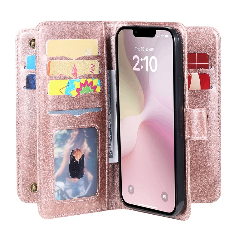 iPhone 16e Leder Tasche Flip Cover Kartenfächer mit Druckknopfverschluss - Roségold