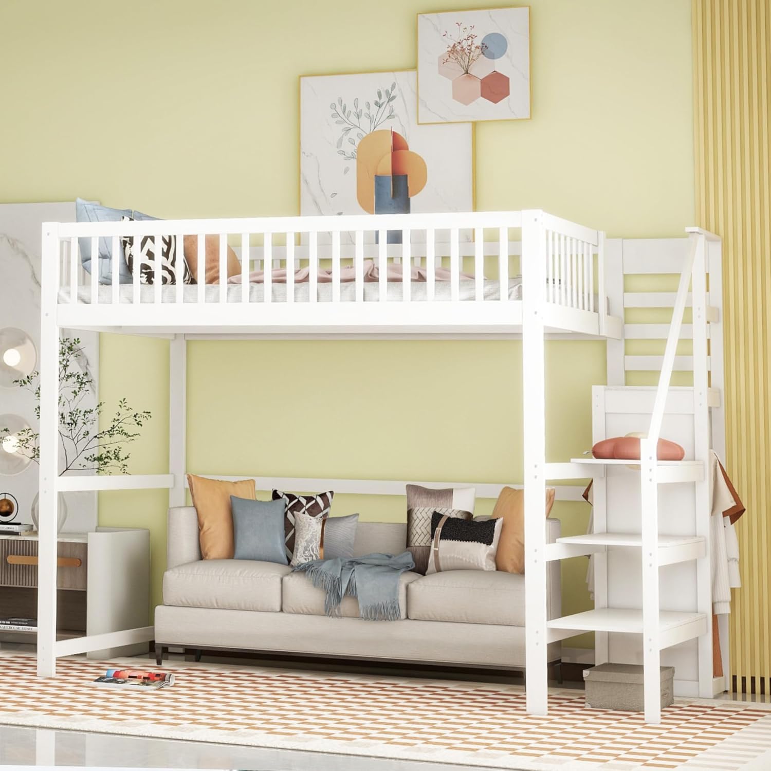 Merax Hochbett 1-Plätzig 140 x 200 cm, Multifunktionales Hochbett für Kinder mit Kleiderschrank und Treppe, Weiß (ohne Matratze)
