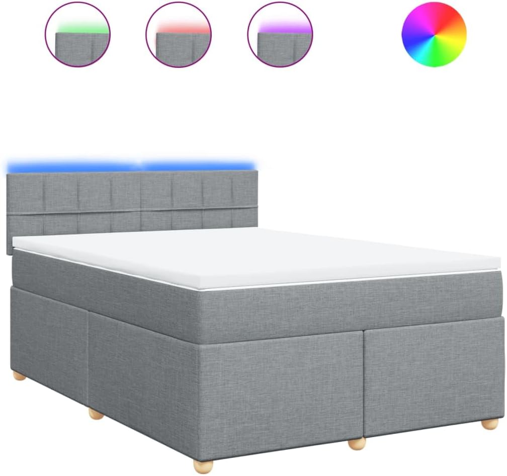 vidaXL Boxspringbett, Doppelbett mit LED Matratze Matratzenauflage, Bettgestell mit Lattenrost Kopfteil, Polsterbett Bett für Schlafzimmer, Hellgrau 140x200cm Stoff