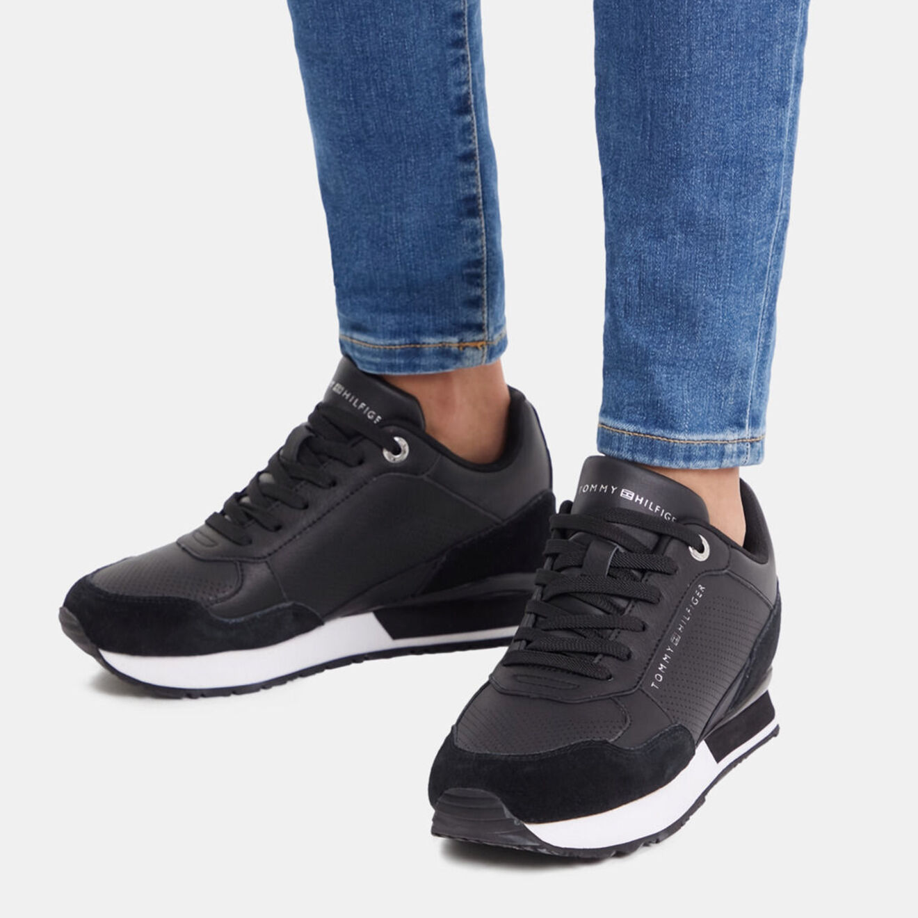 Tommy Hilfiger Baskets running en Cuir Knitted Wedge noires
