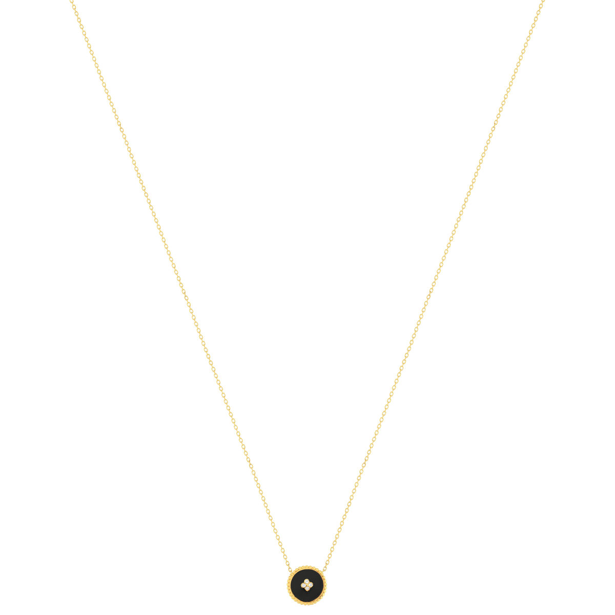Collier or 375 jaune résine noire et 4 zirconias 43 cm