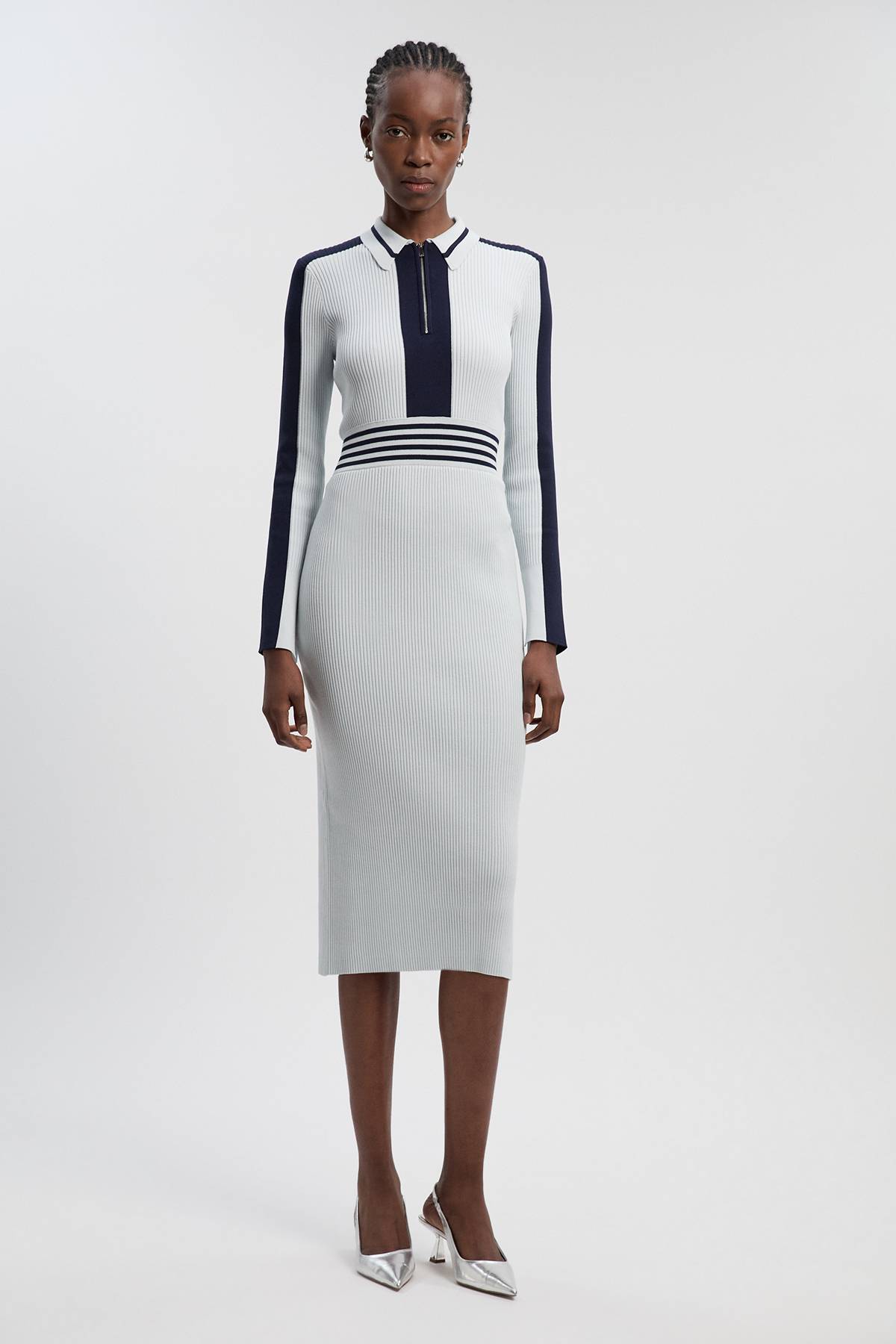 KarenMillen Robe polo midi zippée en tricot côtelé
