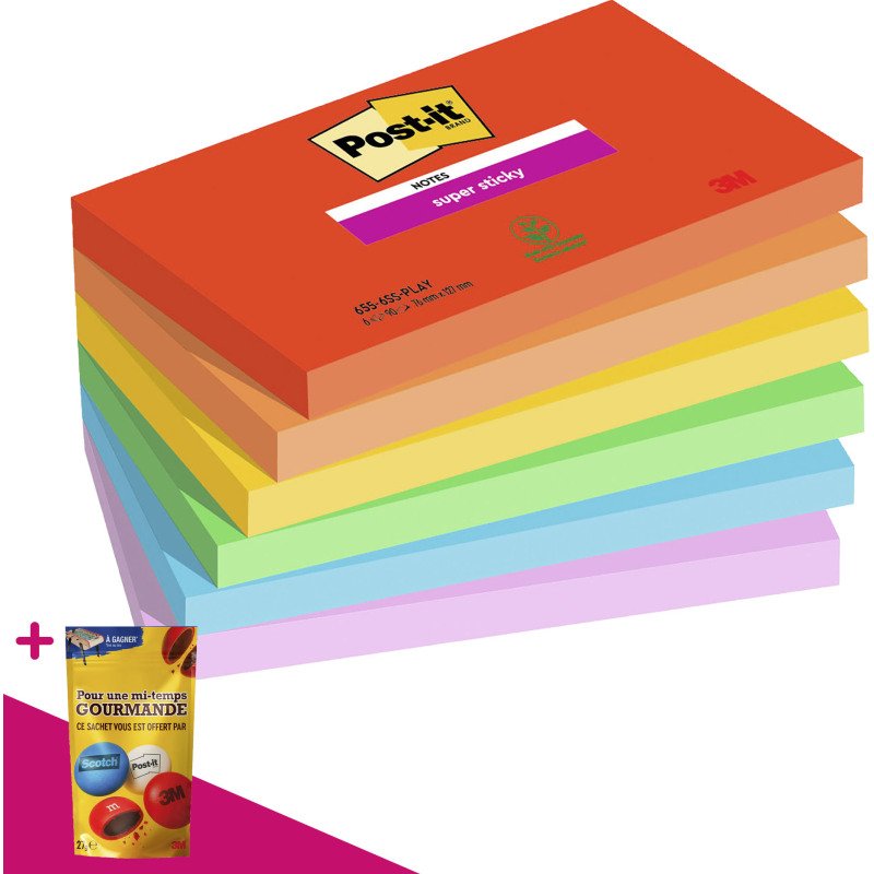 Notes repositionnables couleurs Playful Super Sticky Post-it - bloc de 90 feuilles = Pour l'achat 12 notes repositionnables, 1 sachet de M&M OFFERT